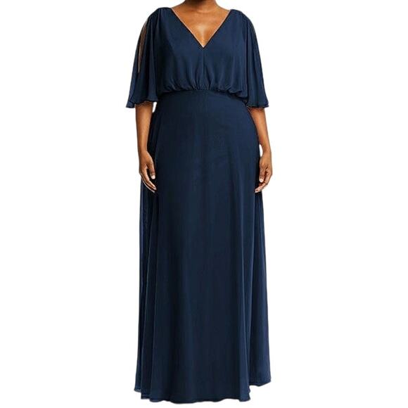After Six Midnight Navy V-Neck Split Sleeve Blouson Maxi Dress Gown 14R NWT - Picture 1 of 16